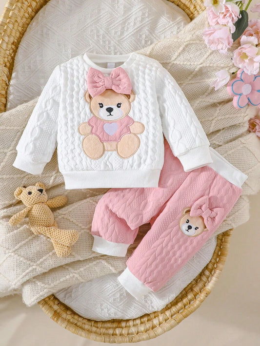 Newborn Baby Girl Bear & Bow Embroidered Long Sleeve Top & Contrast Pants 2PCS Set