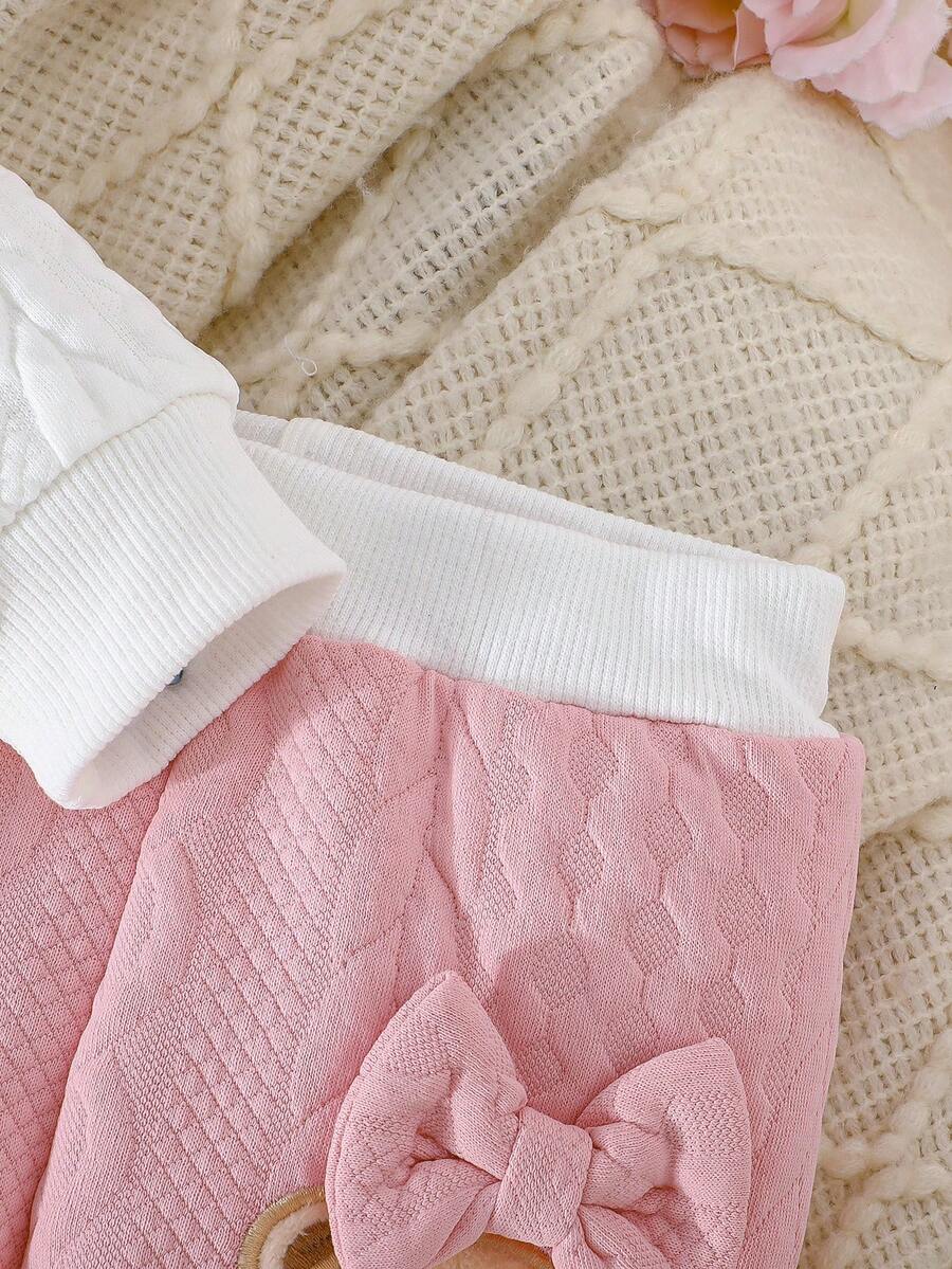 Newborn Baby Girl Bear & Bow Embroidered Long Sleeve Top & Contrast Pants 2PCS Set