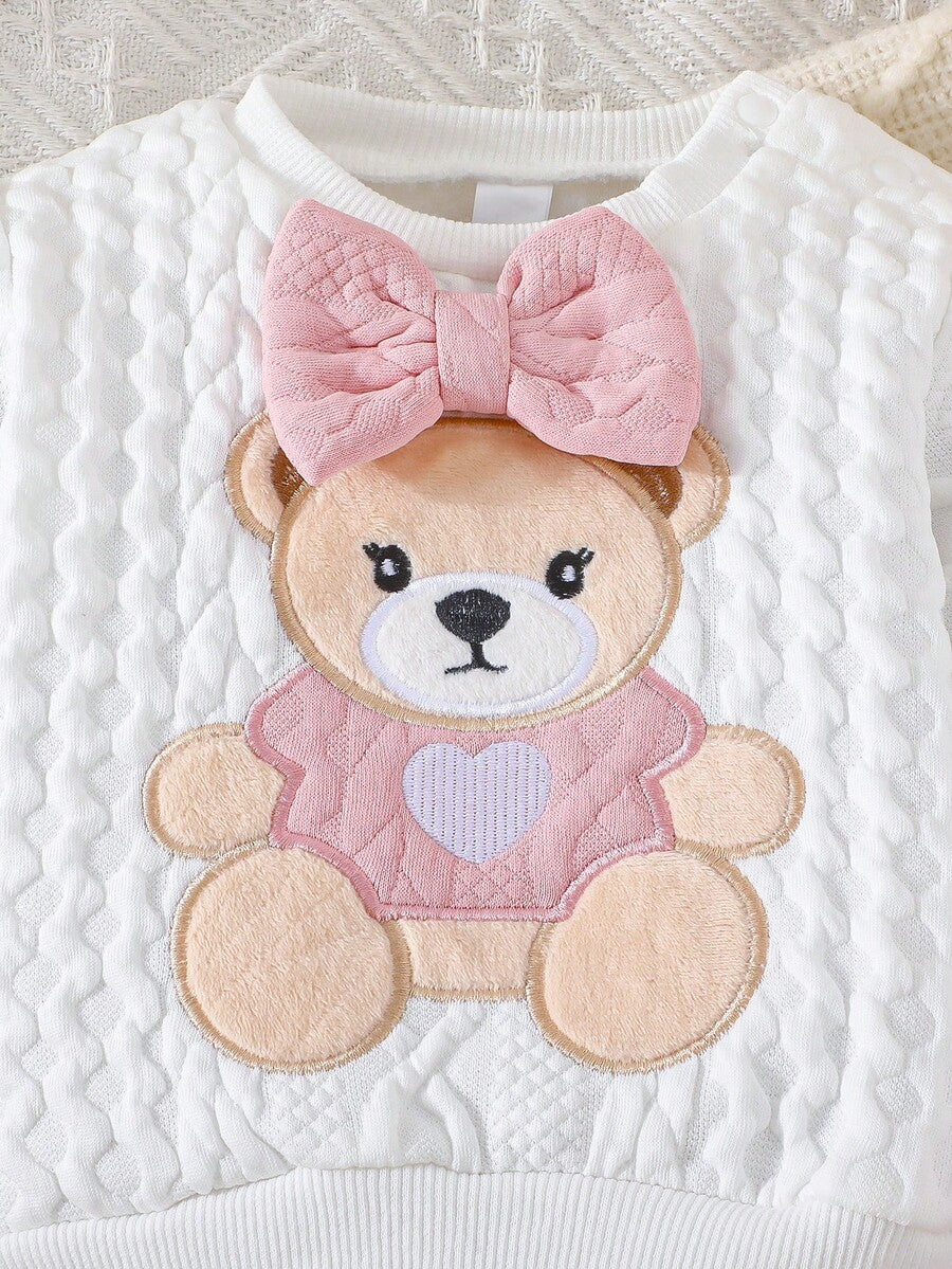 Newborn Baby Girl Bear & Bow Embroidered Long Sleeve Top & Contrast Pants 2PCS Set