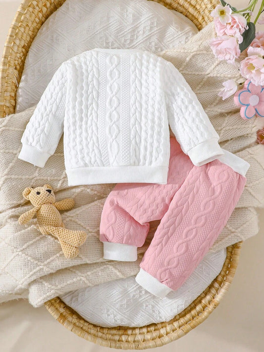 Newborn Baby Girl Bear & Bow Embroidered Long Sleeve Top & Contrast Pants 2PCS Set