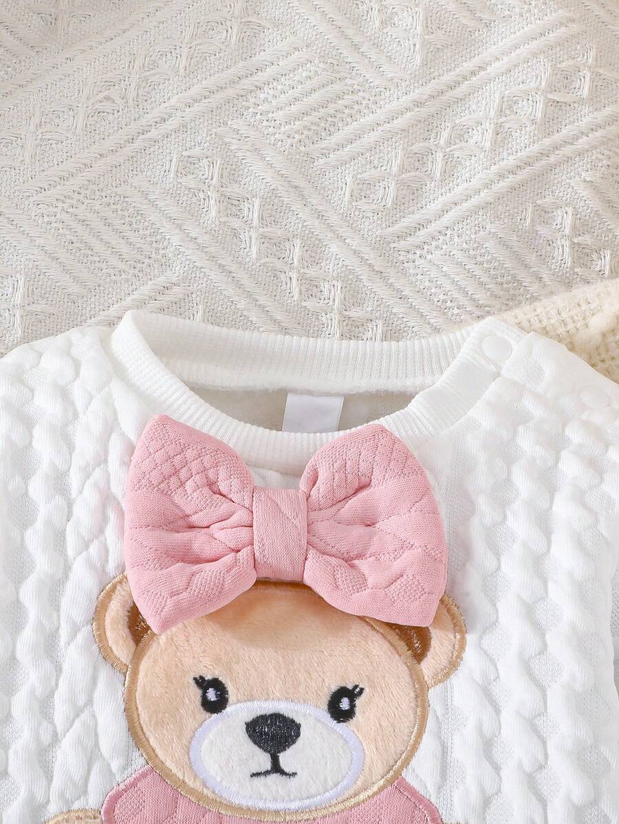Newborn Baby Girl Bear & Bow Embroidered Long Sleeve Top & Contrast Pants 2PCS Set