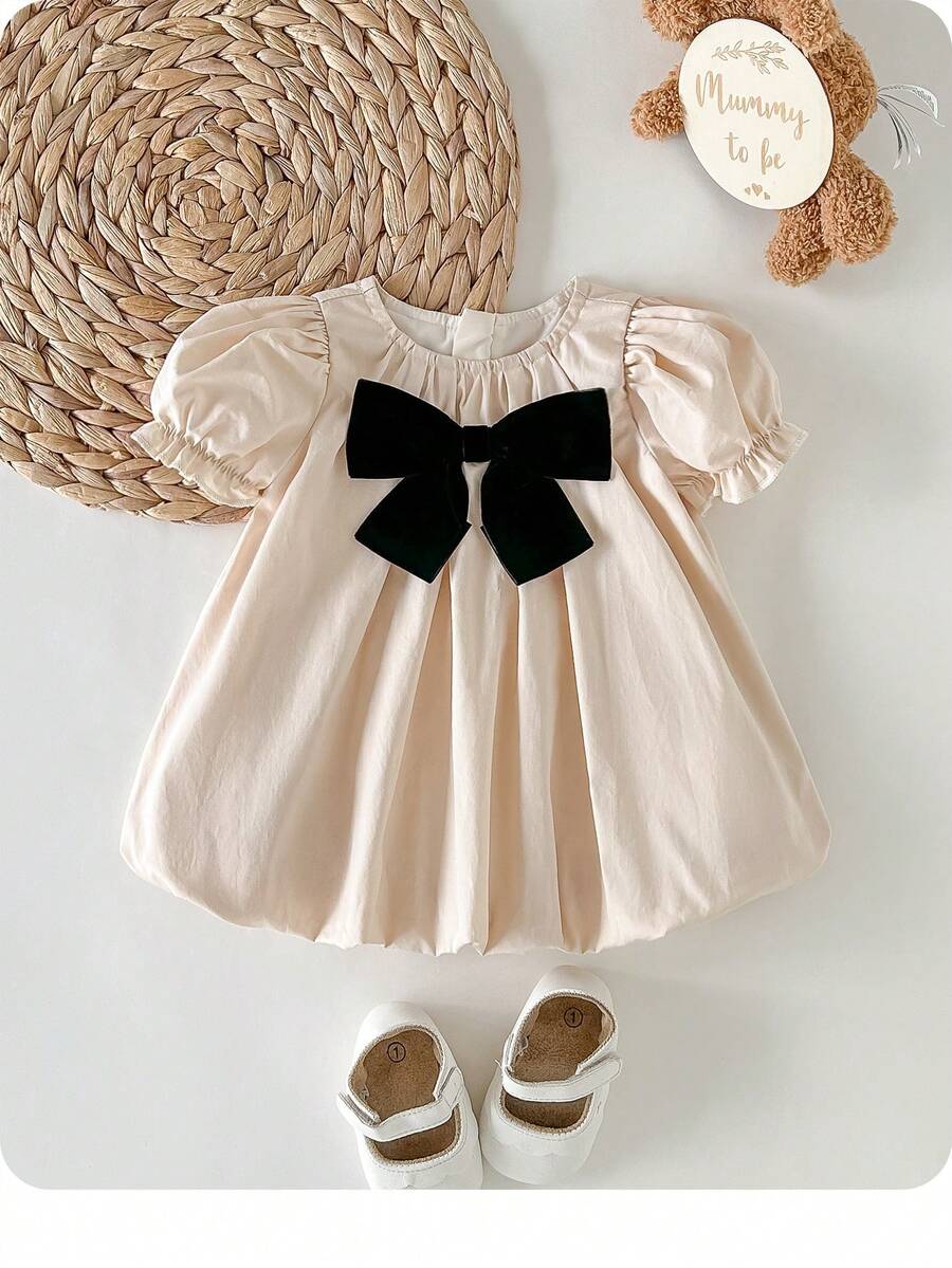 Baby Apricot Bowknot Long Sleeve Dress for Cute Daily and Outdoor Wear