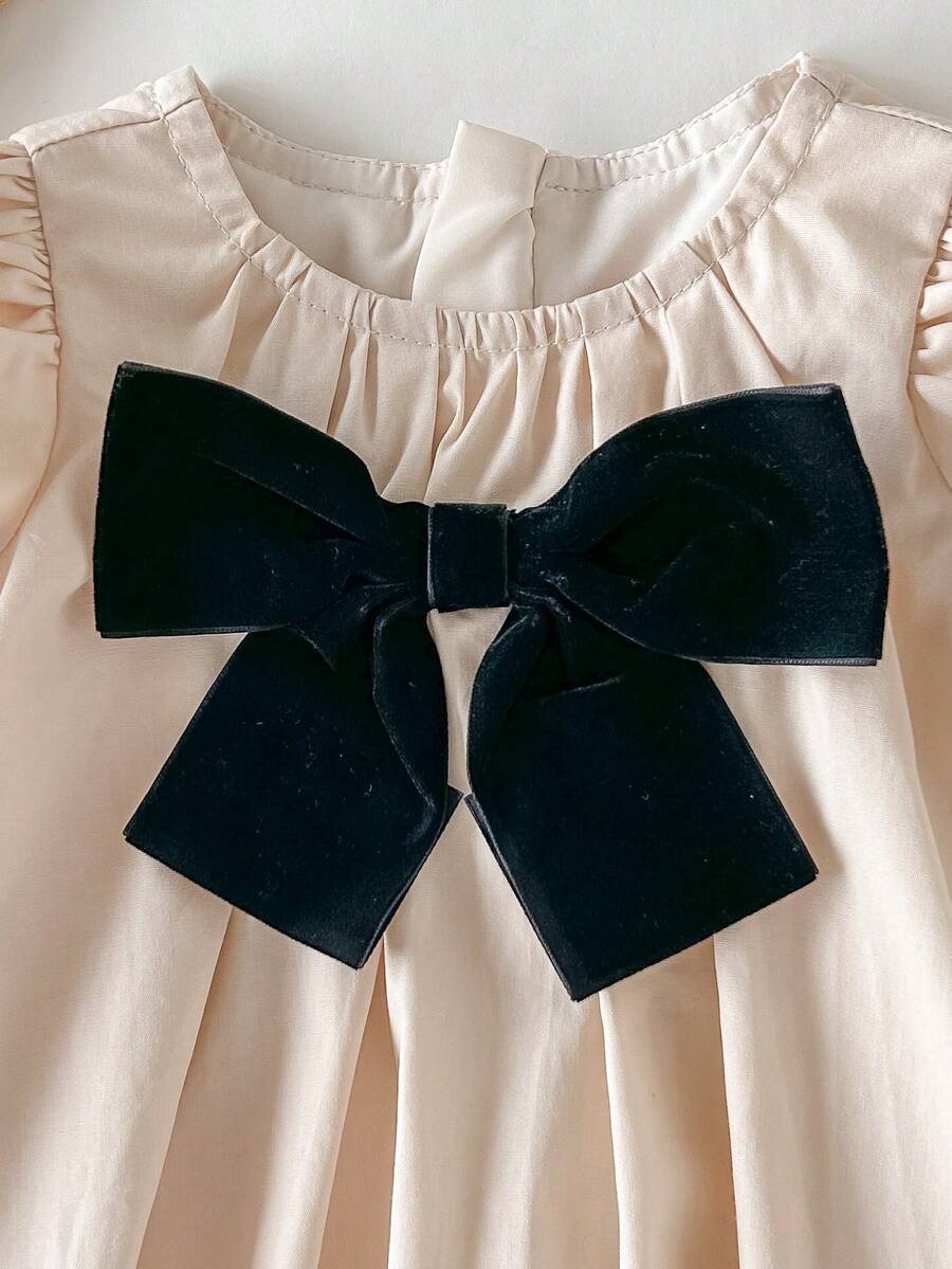 Baby Apricot Bowknot Long Sleeve Dress for Cute Daily and Outdoor Wear