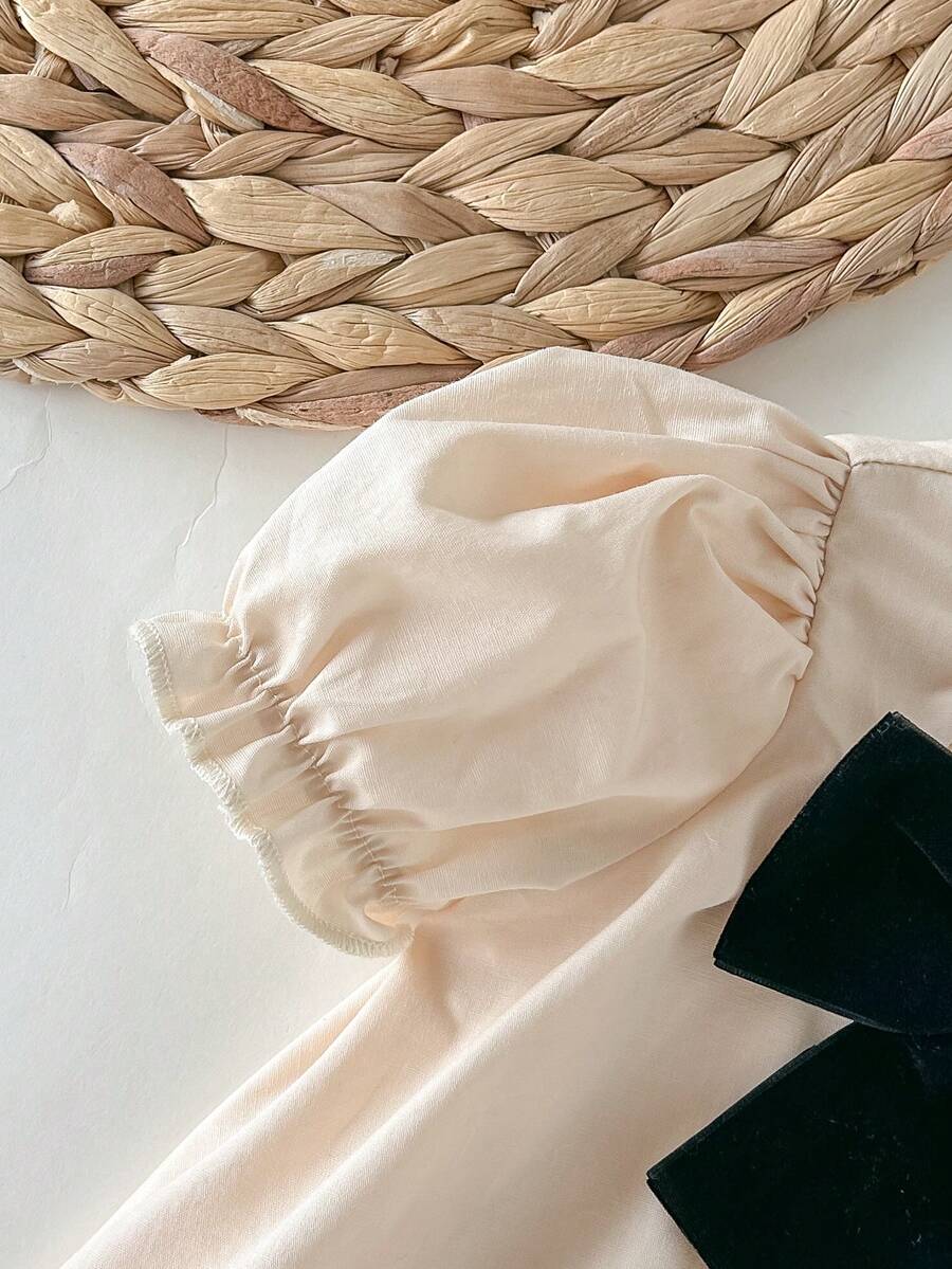 Baby Apricot Bowknot Long Sleeve Dress for Cute Daily and Outdoor Wear