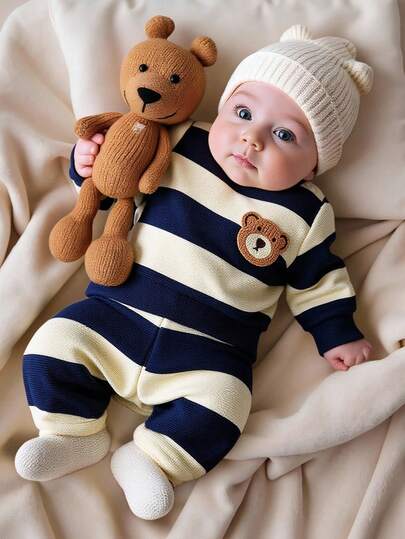 Baby Boy Black and White Striped Teddy Bear Top and Pants Set