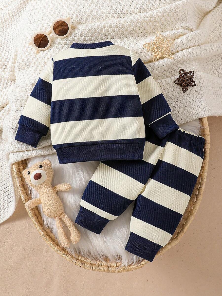 Baby Boy Black and White Striped Teddy Bear Top and Pants Set
