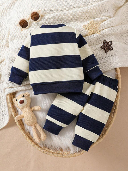 Baby Boy Black and White Striped Teddy Bear Top and Pants Set