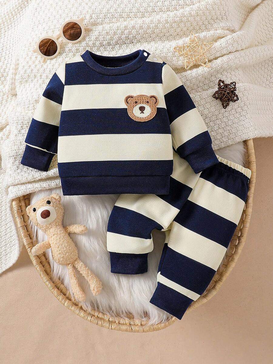 Baby Boy Black and White Striped Teddy Bear Top and Pants Set