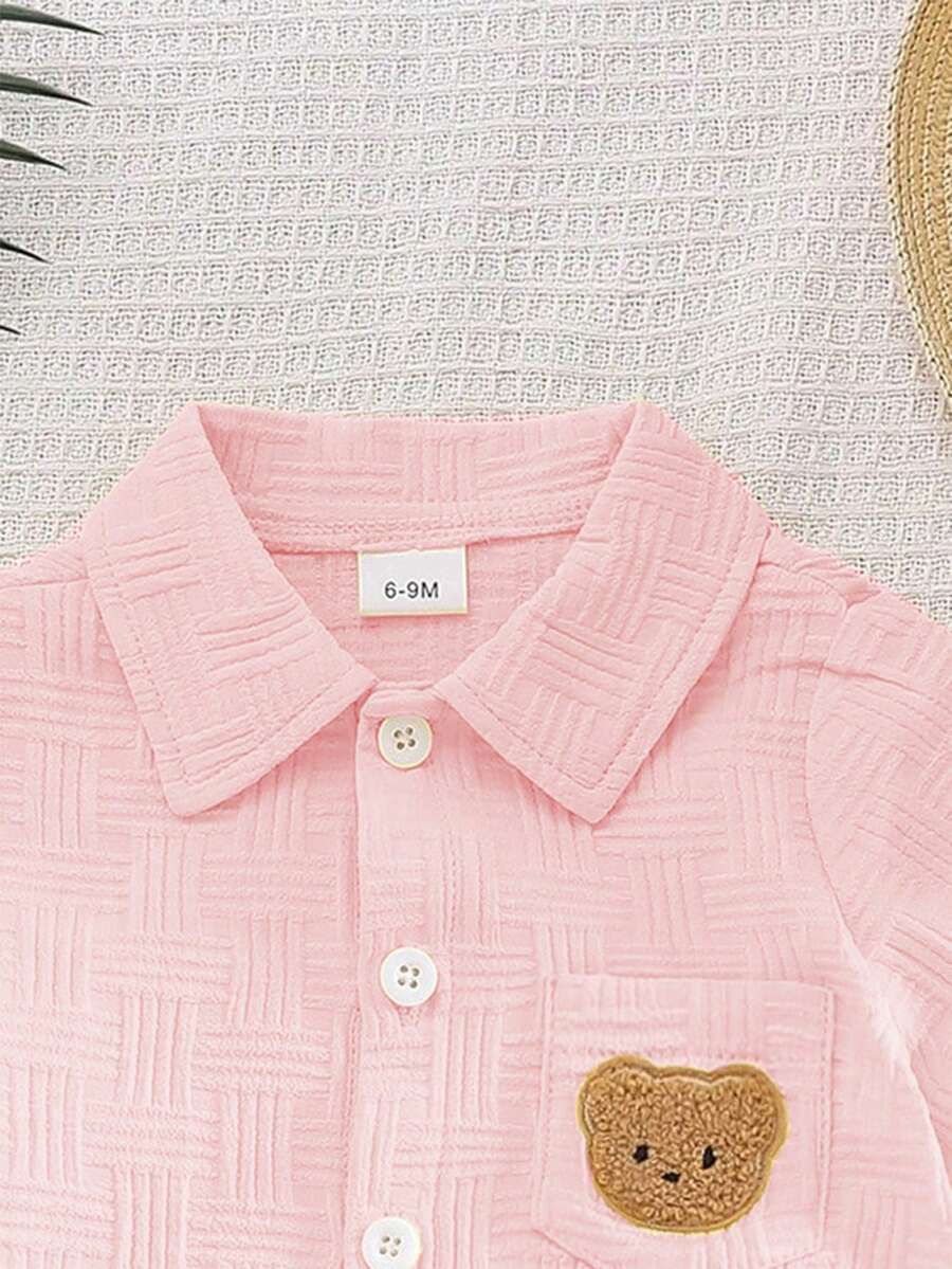 2-Piece Baby Boy Textured Bear Embroidery Shirt and Shorts Set
