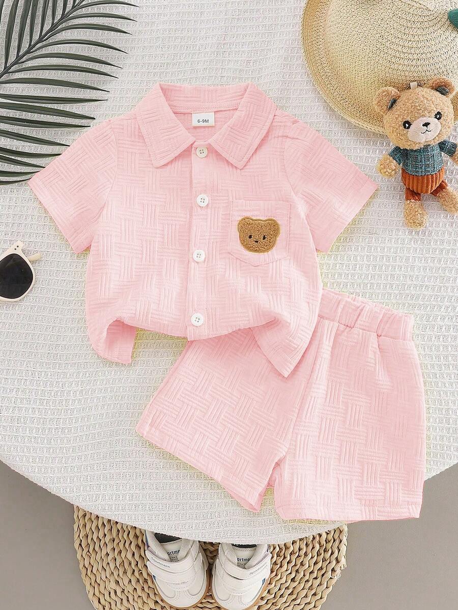 2-Piece Baby Boy Textured Bear Embroidery Shirt and Shorts Set