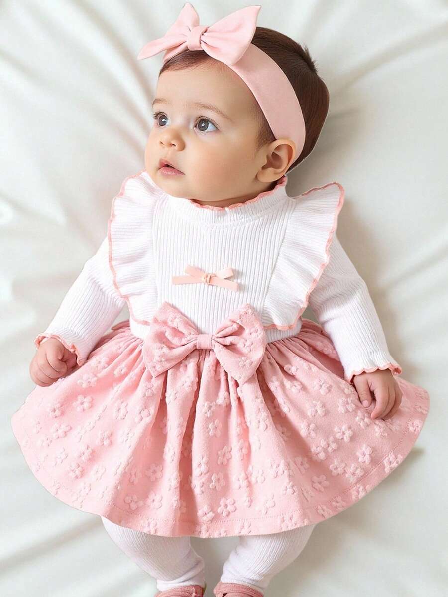 Baby Heart Pattern Dress and Headband Set for Cute All Season Daily Wear