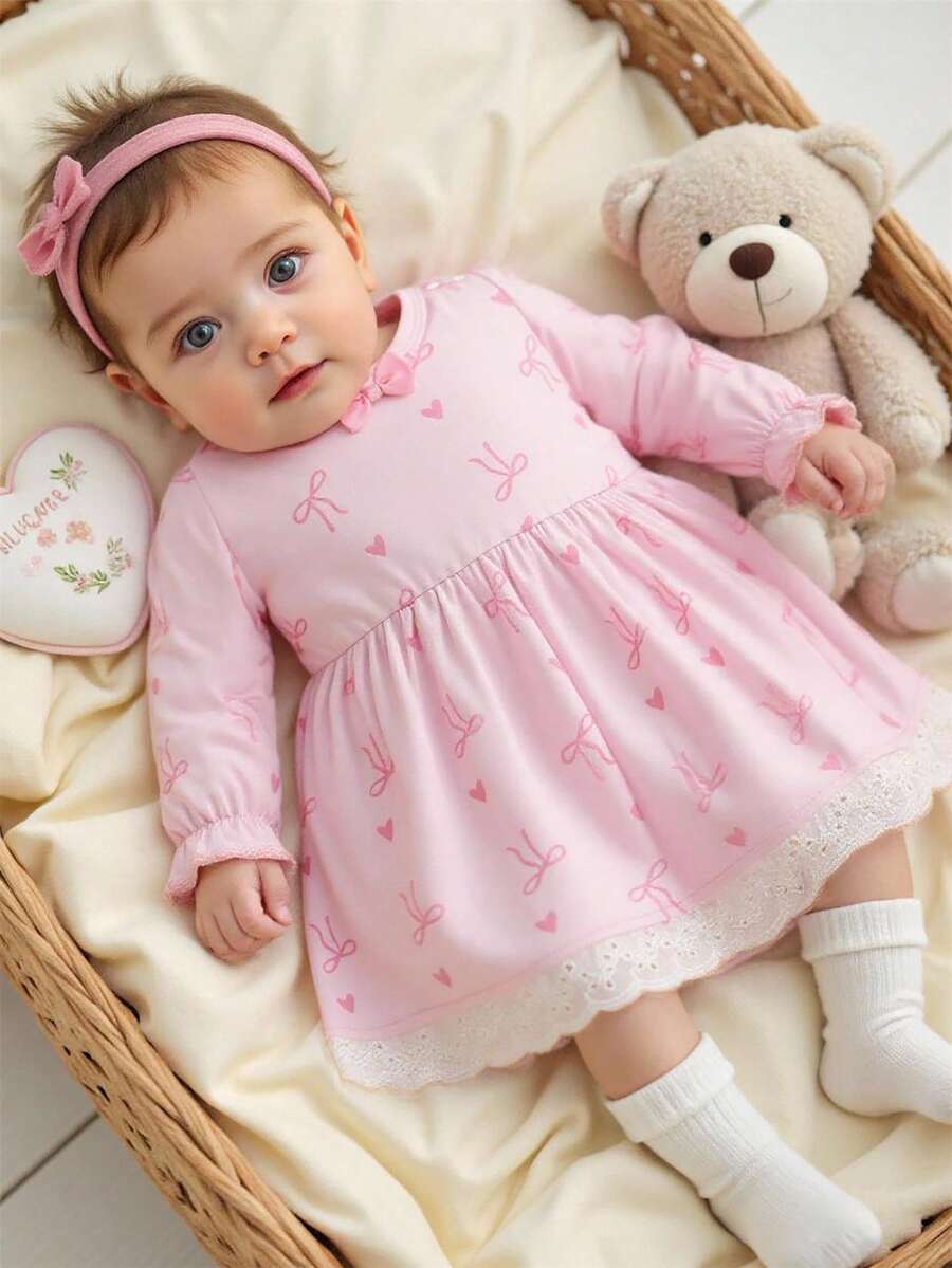 Baby Pink Heart Knit Dress with 3D Bow for Cute Daily and Outdoor Wear