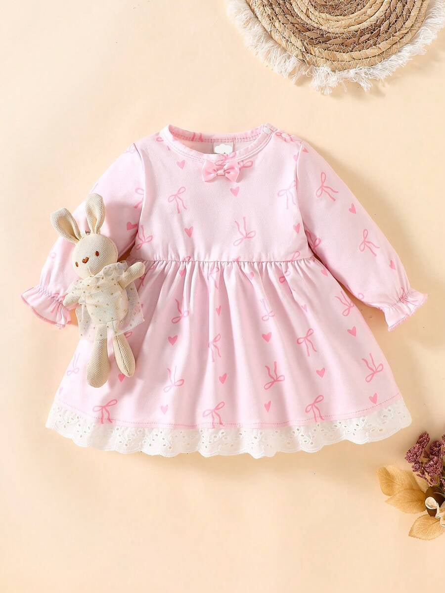Baby Pink Heart Knit Dress with 3D Bow for Cute Daily and Outdoor Wear