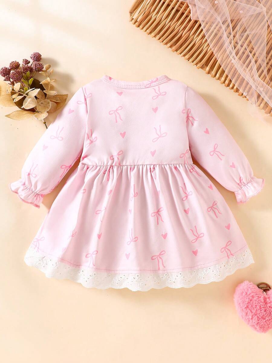 Baby Pink Heart Knit Dress with 3D Bow for Cute Daily and Outdoor Wear