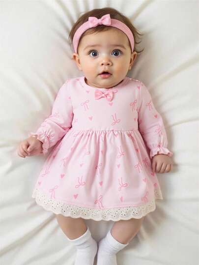 Baby Pink Heart Knit Dress with 3D Bow for Cute Daily and Outdoor Wear