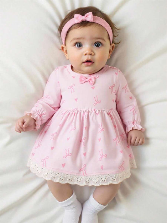 Baby Pink Heart Knit Dress with 3D Bow for Cute Daily and Outdoor Wear