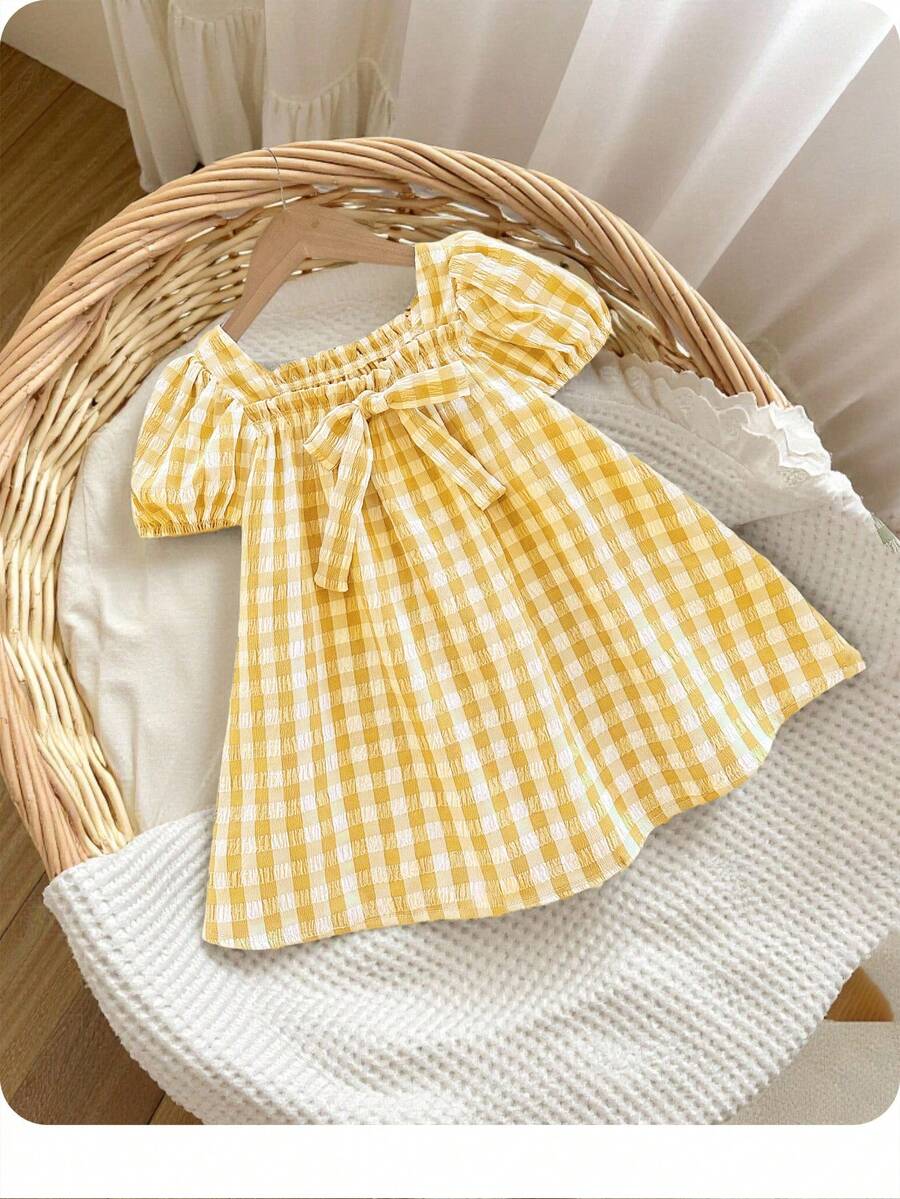 Baby Girl Plaid Bow Detail Short Sleeve Dress Cute Summer Vacation Outfit