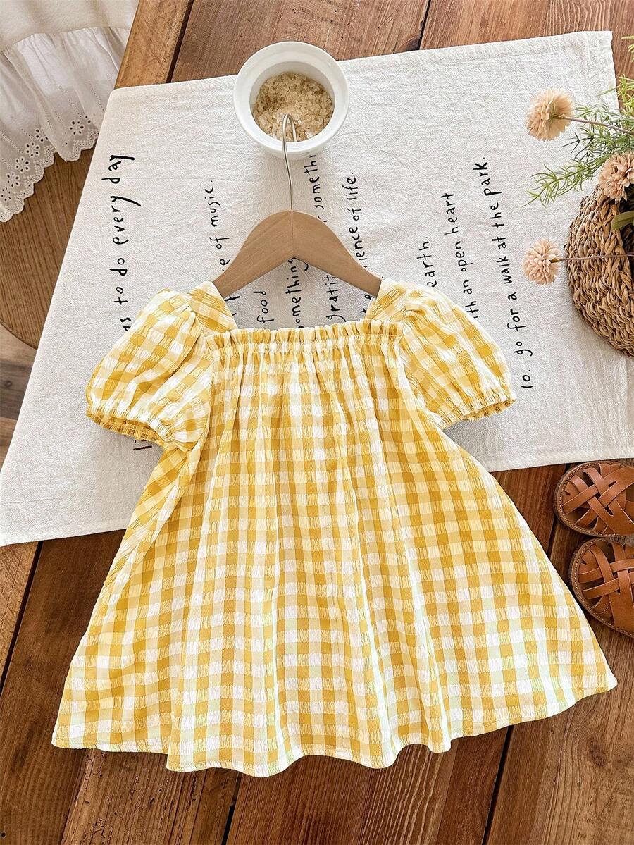 Green Plaid Short Sleeve Dress for Baby Girls - Cute Bow Accent Summer Outfit