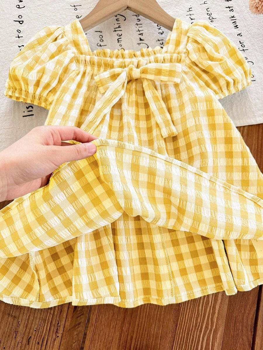 Green Plaid Short Sleeve Dress for Baby Girls - Cute Bow Accent Summer Outfit