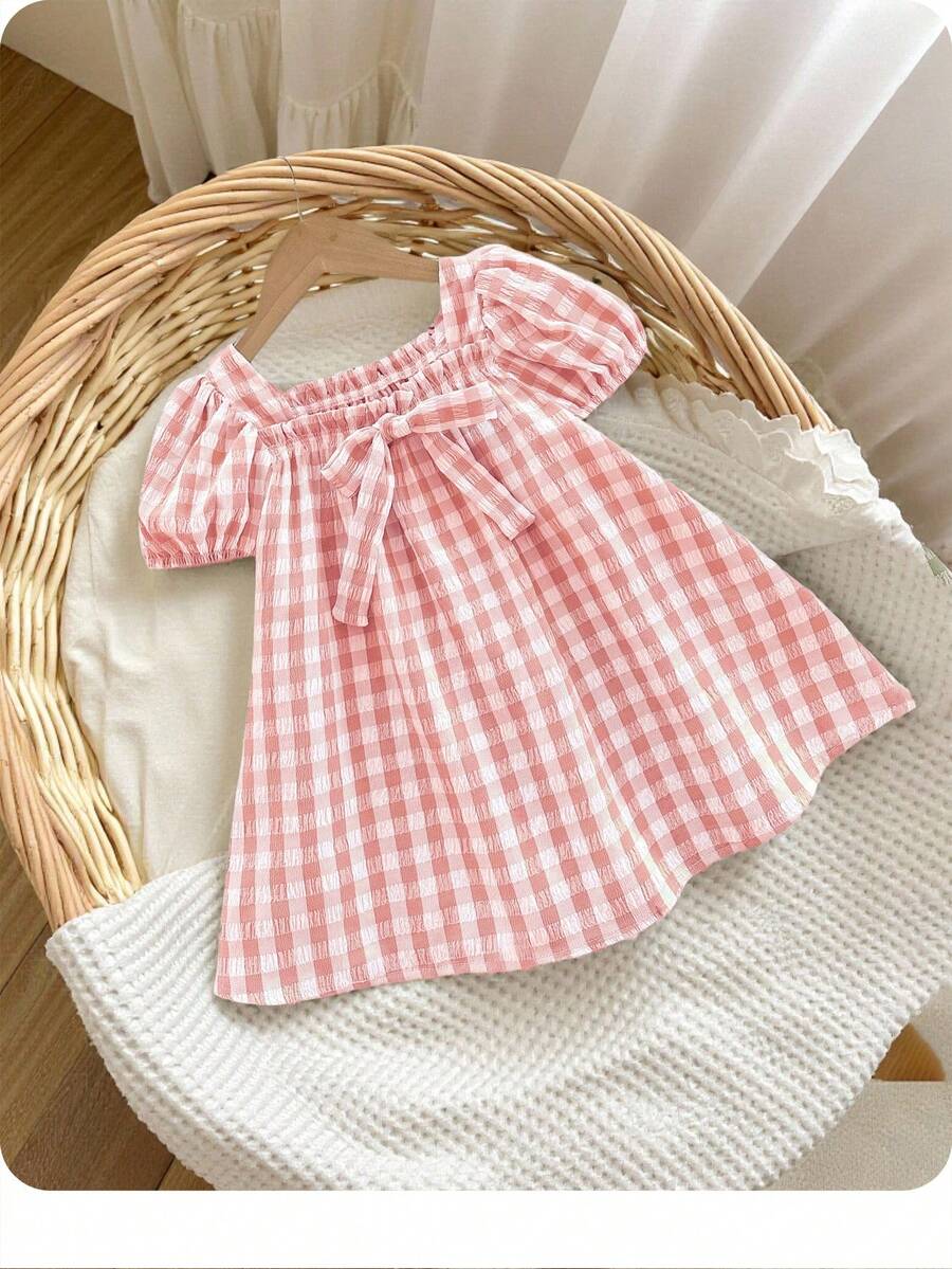 Baby Girl Plaid Bow Detail Short Sleeve Dress Cute Summer Vacation Outfit