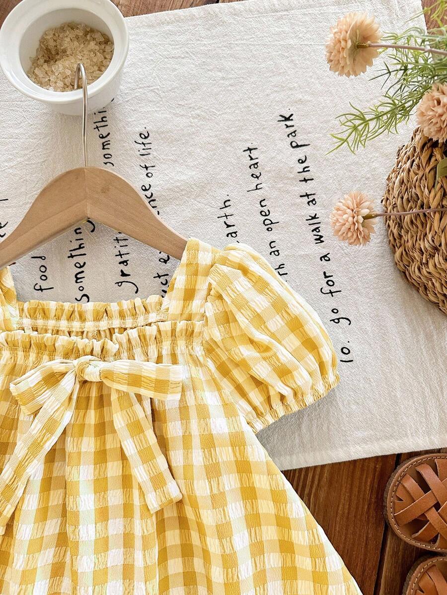 Baby Girl Plaid Bow Detail Short Sleeve Dress Cute Summer Vacation Outfit