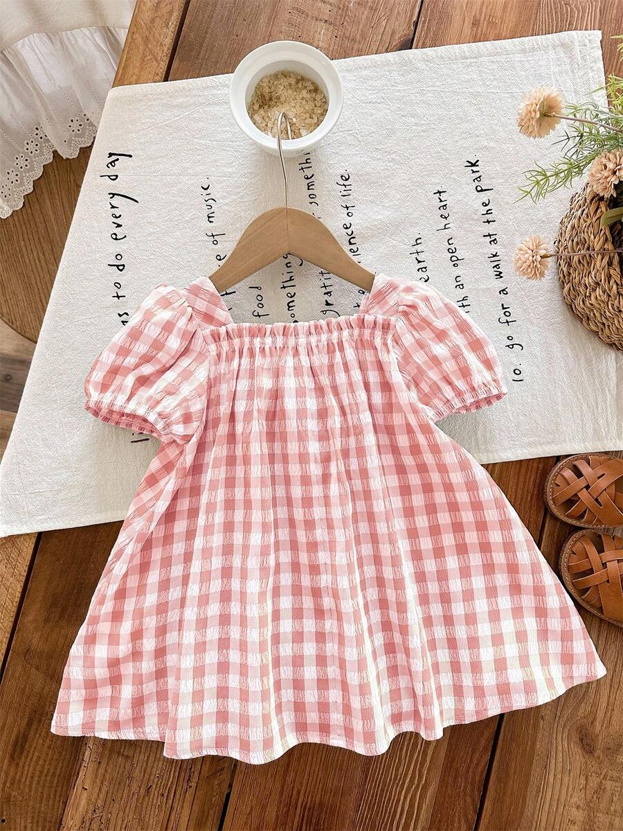 Baby Girl Plaid Bow Detail Short Sleeve Dress Cute Summer Vacation Outfit