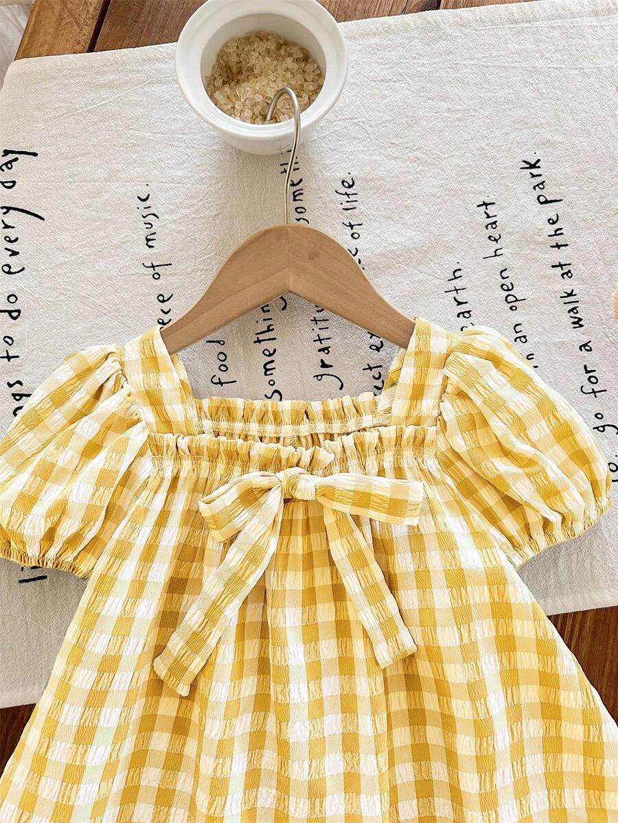 Green Plaid Short Sleeve Dress for Baby Girls - Cute Bow Accent Summer Outfit