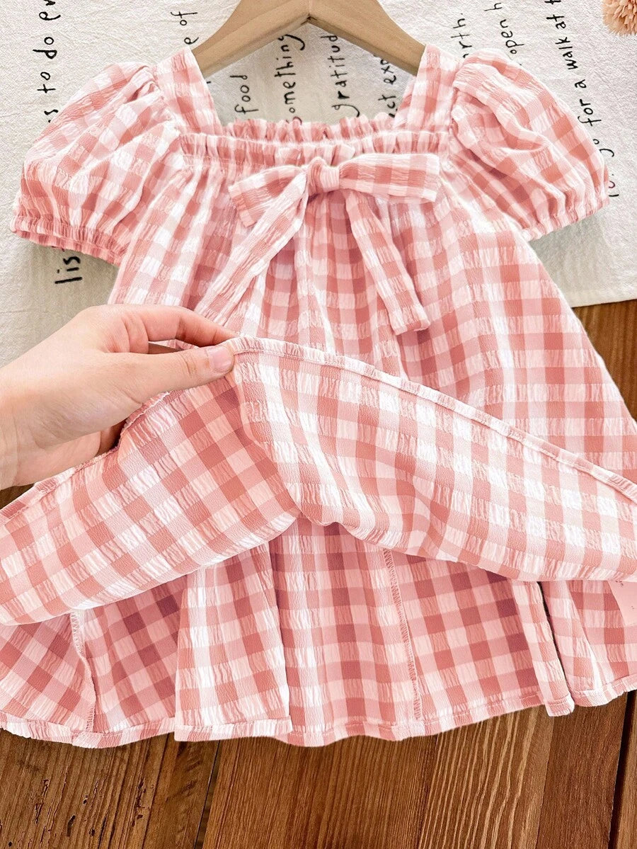 Green Plaid Short Sleeve Dress for Baby Girls - Cute Bow Accent Summer Outfit