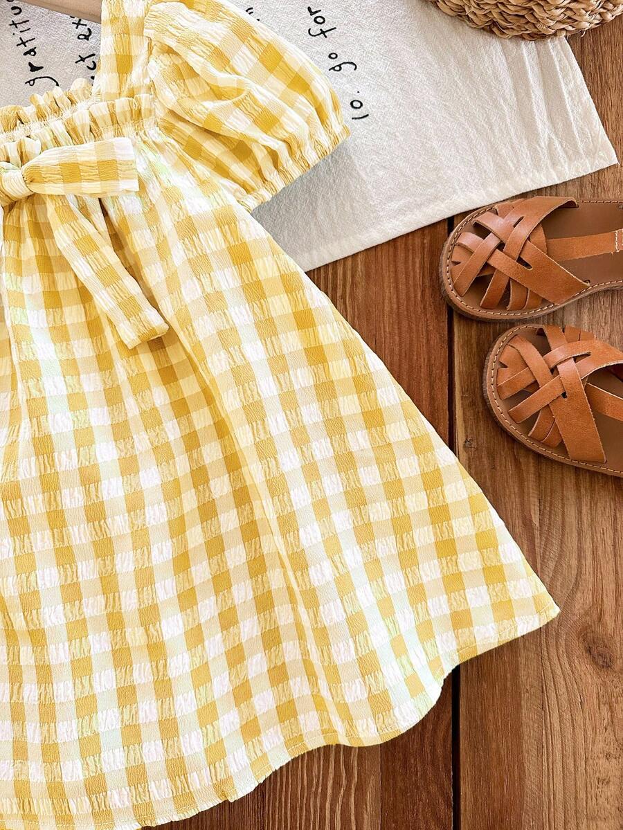 Green Plaid Short Sleeve Dress for Baby Girls - Cute Bow Accent Summer Outfit