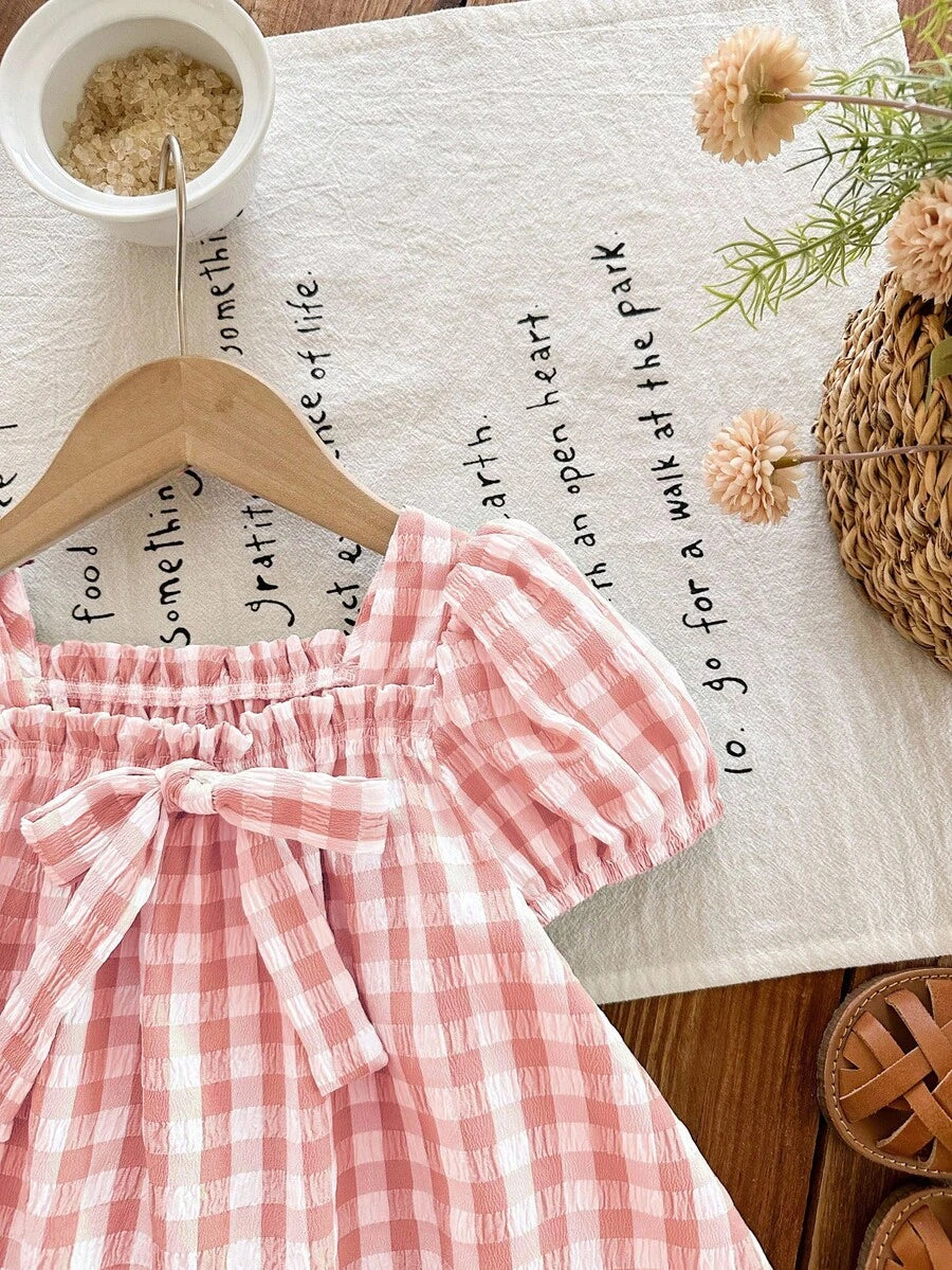 Baby Girl Plaid Bow Detail Short Sleeve Dress Cute Summer Vacation Outfit