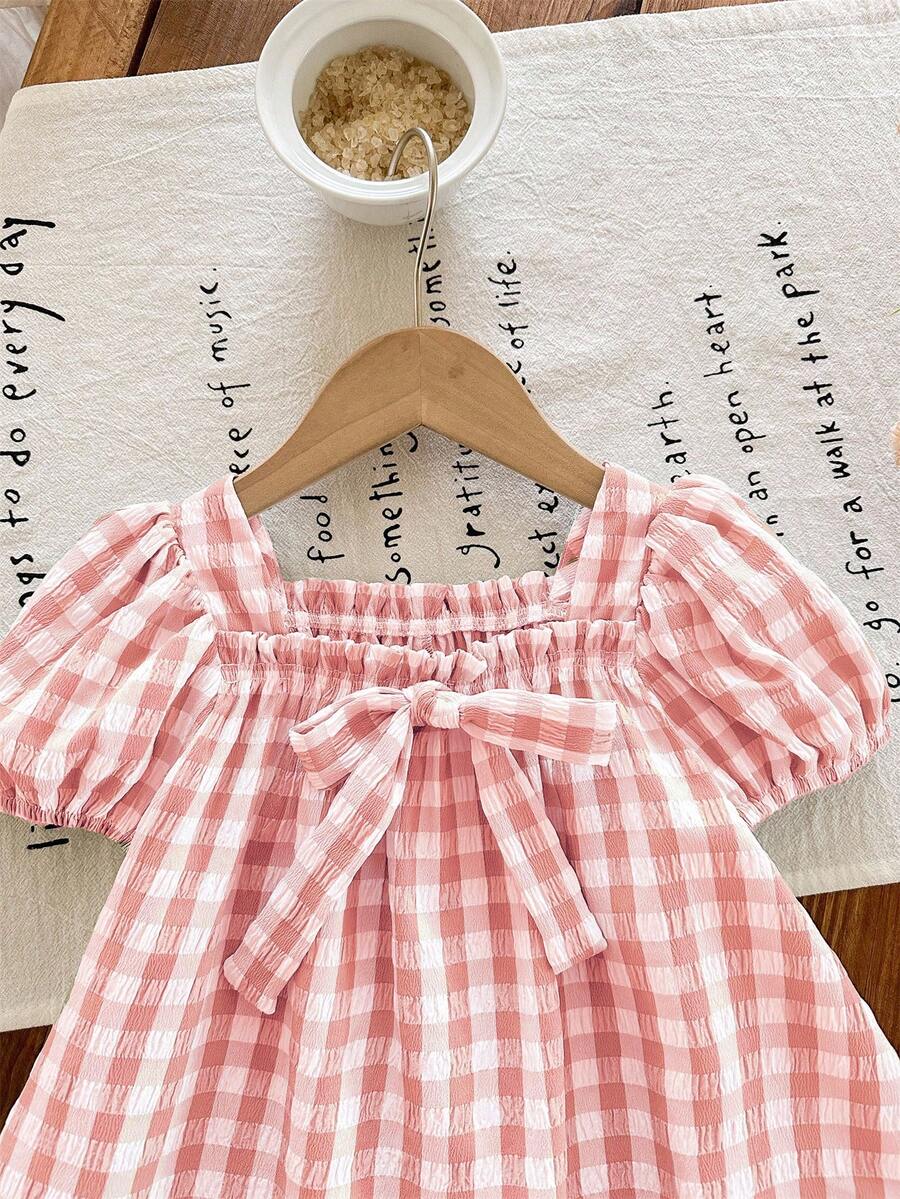 Green Plaid Short Sleeve Dress for Baby Girls - Cute Bow Accent Summer Outfit