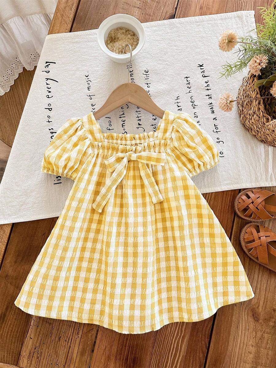 Baby Girl Plaid Bow Detail Short Sleeve Dress Cute Summer Vacation Outfit