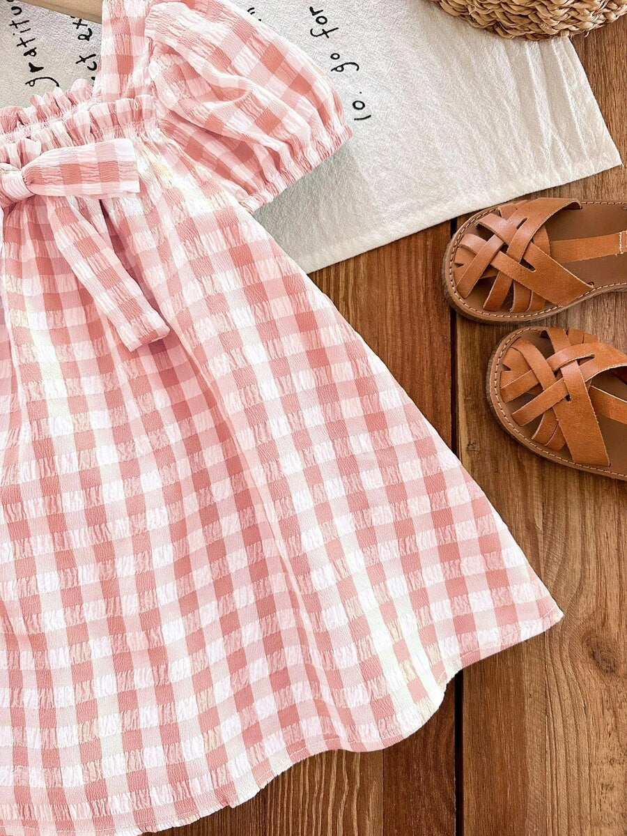 Green Plaid Short Sleeve Dress for Baby Girls - Cute Bow Accent Summer Outfit