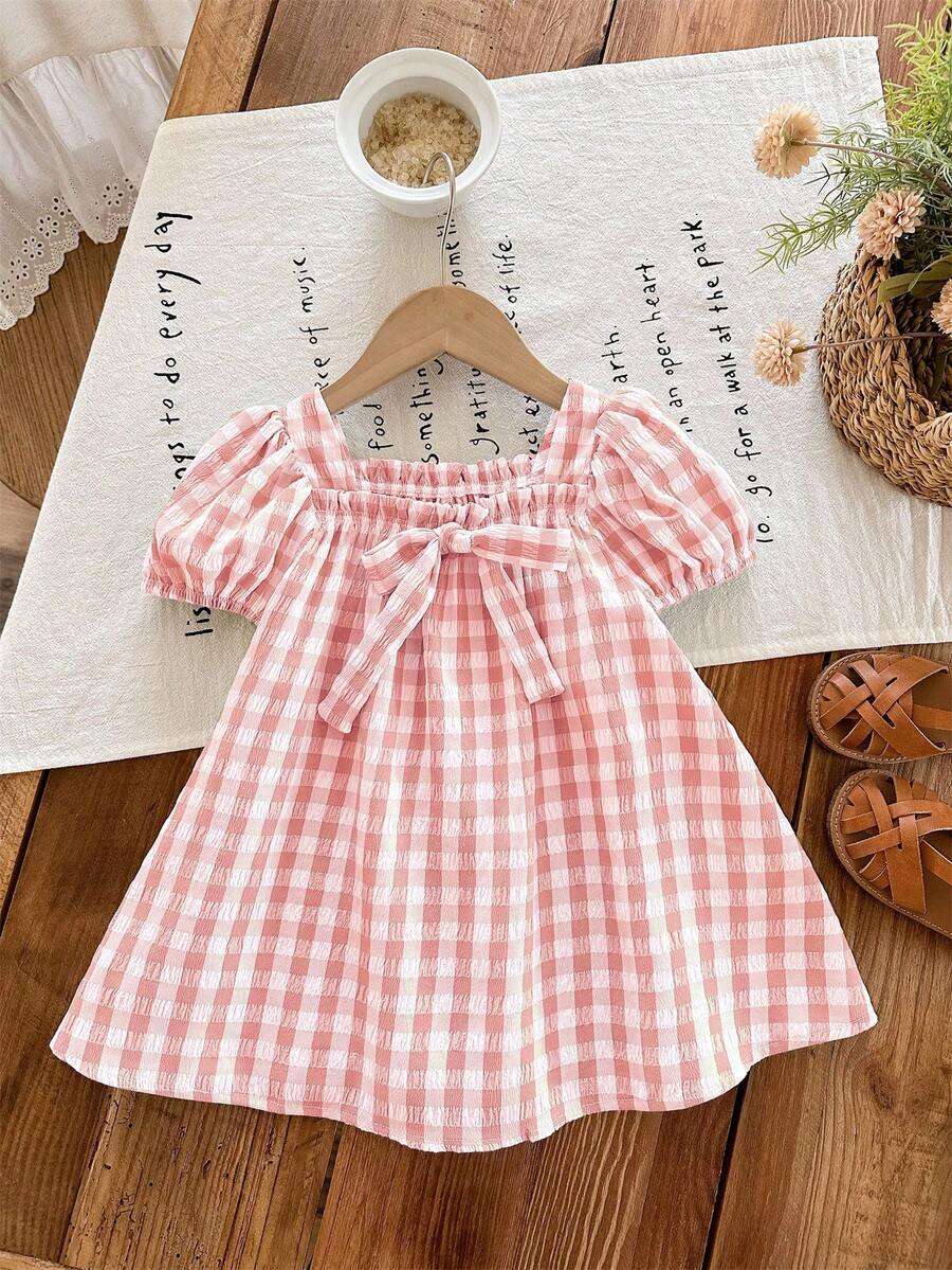 Baby Girl Plaid Bow Detail Short Sleeve Dress Cute Summer Vacation Outfit