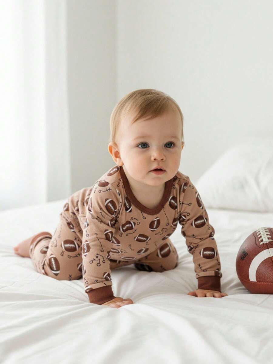 Baby Boy Football Allover Print Long Sleeve Top and Leggings 2 Piece Pajama Set