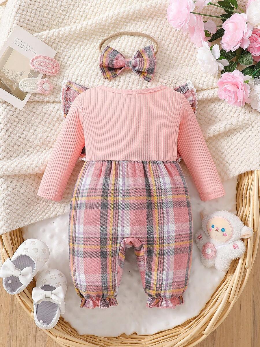 Baby Plaid Long Sleeve Jumpsuit with Matching Headband for Spring and Autumn