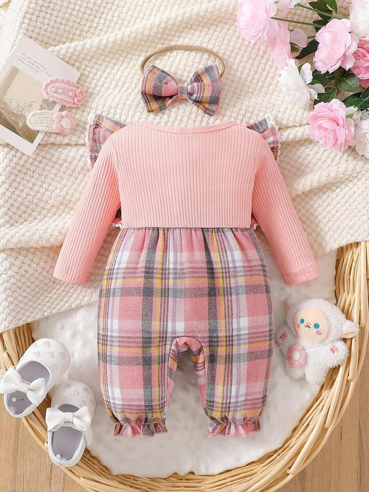 Baby Plaid Long Sleeve Jumpsuit with Matching Headband for Spring and Autumn