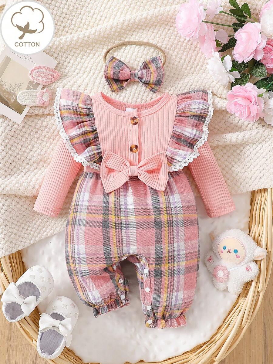 Baby Plaid Long Sleeve Jumpsuit with Matching Headband for Spring and Autumn