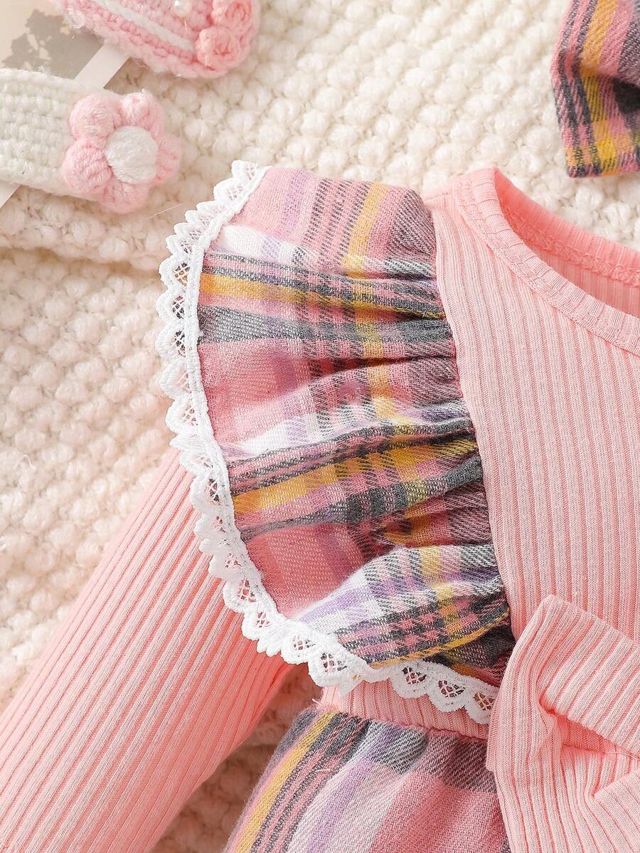 Baby Plaid Long Sleeve Jumpsuit with Matching Headband for Spring and Autumn