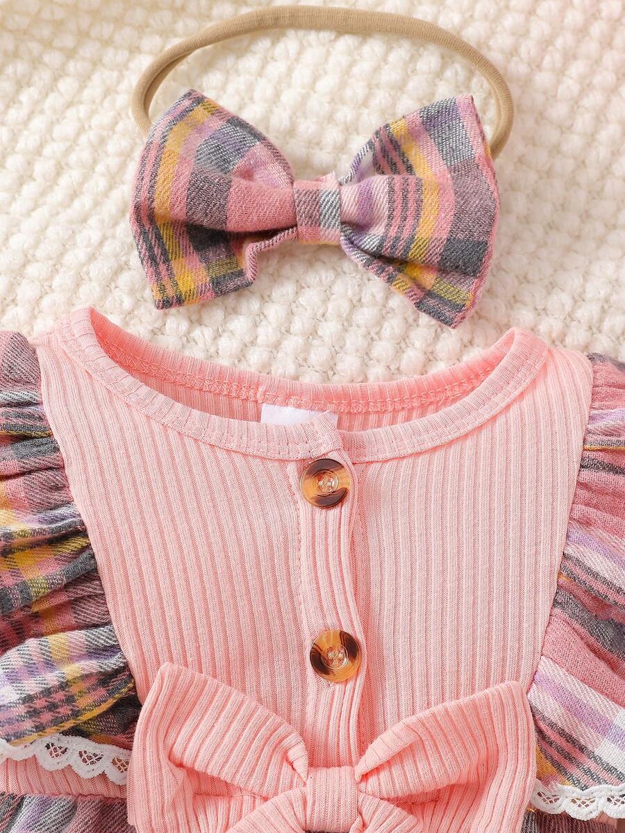 Baby Plaid Long Sleeve Jumpsuit with Matching Headband for Spring and Autumn