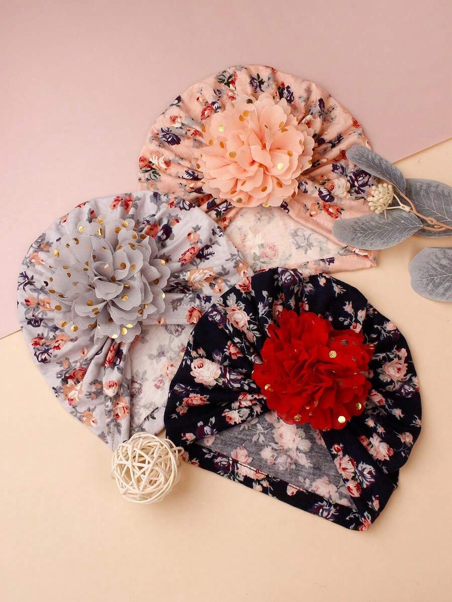 Printed Chiffon Flower Baby Hat Set for Cute Daily Wear