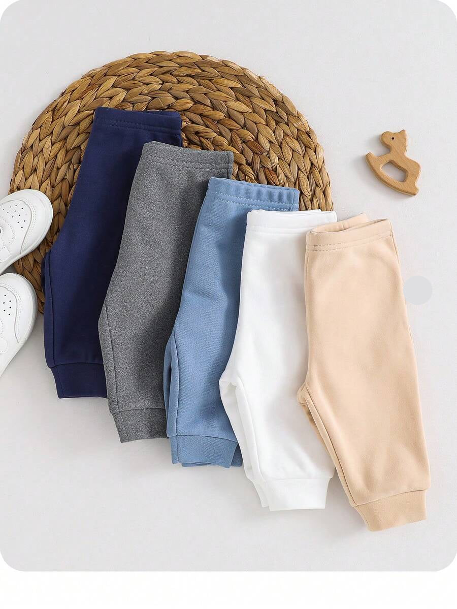 5pcs Solid Color Baby Elastic Waist Pants for Autumn and Winter Wear