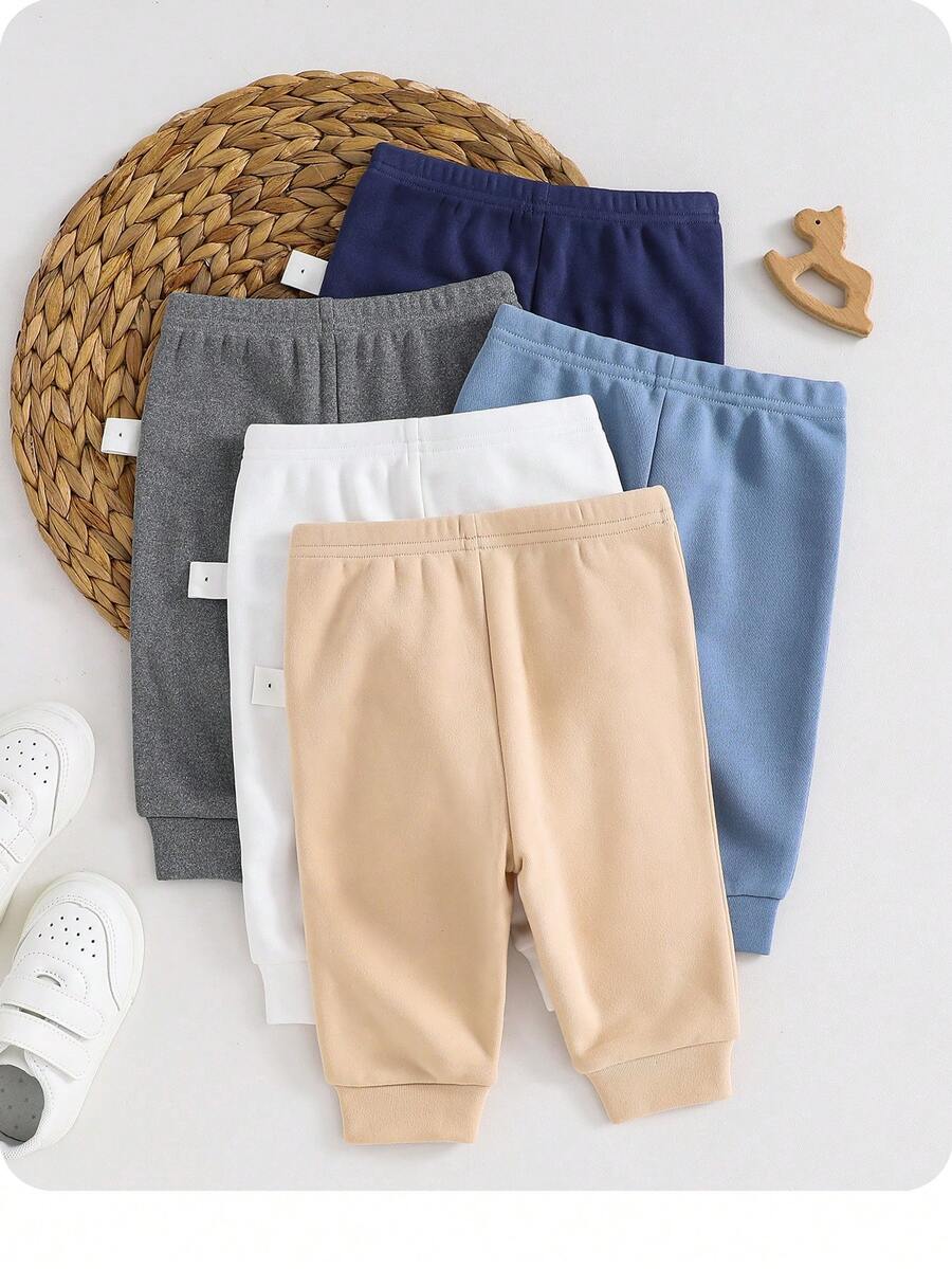 5pcs Solid Color Baby Elastic Waist Pants for Autumn and Winter Wear