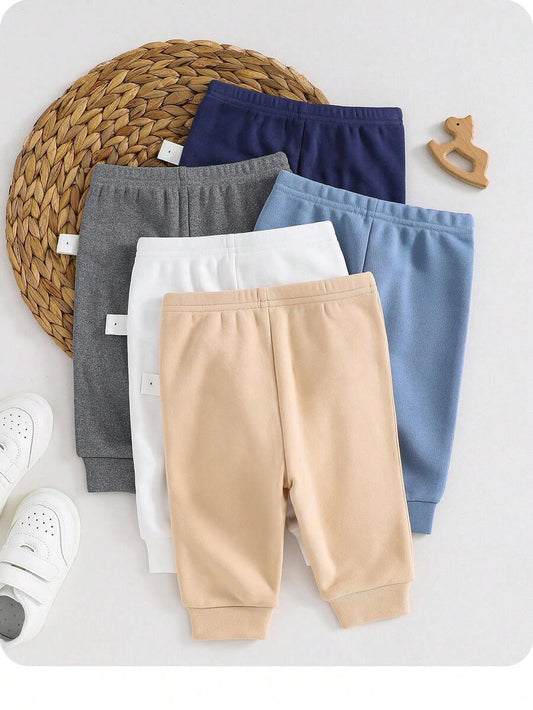 5pcs Solid Color Baby Elastic Waist Pants for Autumn and Winter Wear