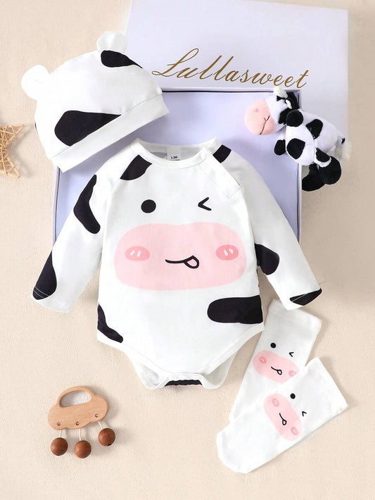 Cute Cow Theme Bodysuit Hat and Socks Outfit Set for Newborn Daily Wear