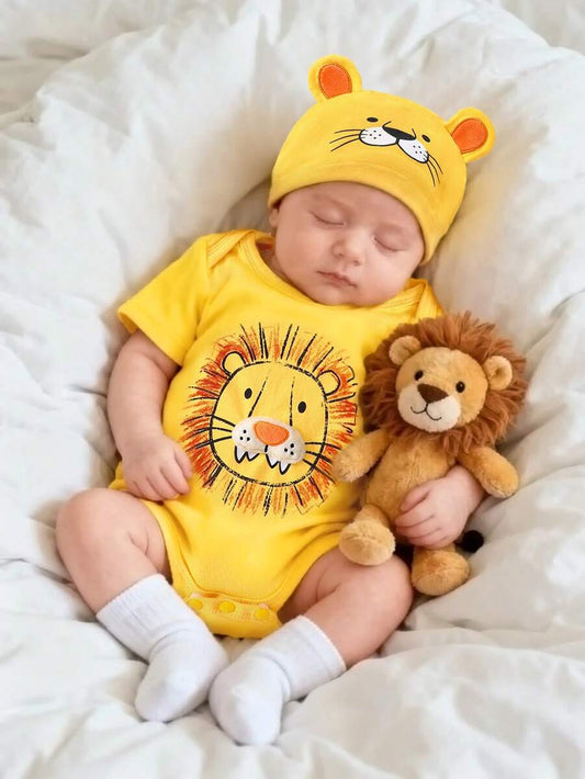 Lion Print Romper and 3D Ear Hat Outfit Set for Cute Summer Daily Wear