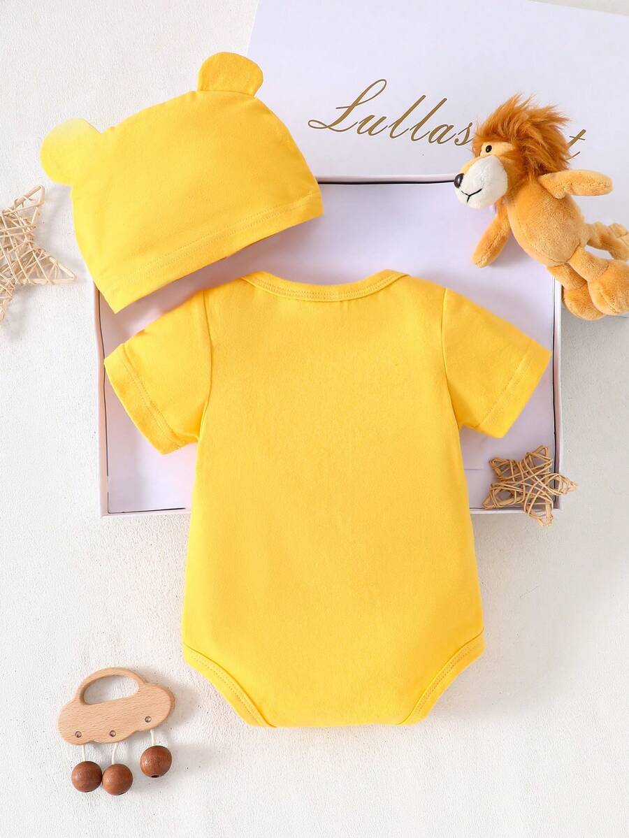 Lion Print Romper and 3D Ear Hat Outfit Set for Cute Summer Daily Wear