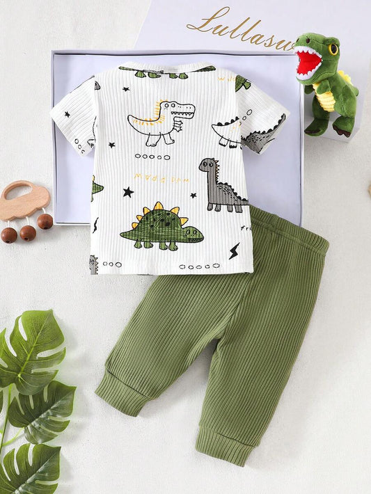 2PCS Baby Boy Dinosaur Print Top and Green Pants Set for Cute Casual Daily Wear