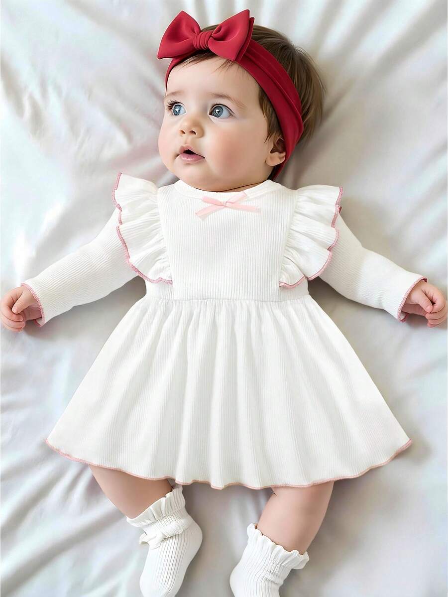 Baby Pink Heart Knit Dress with 3D Bow for Cute Daily and Outdoor Wear