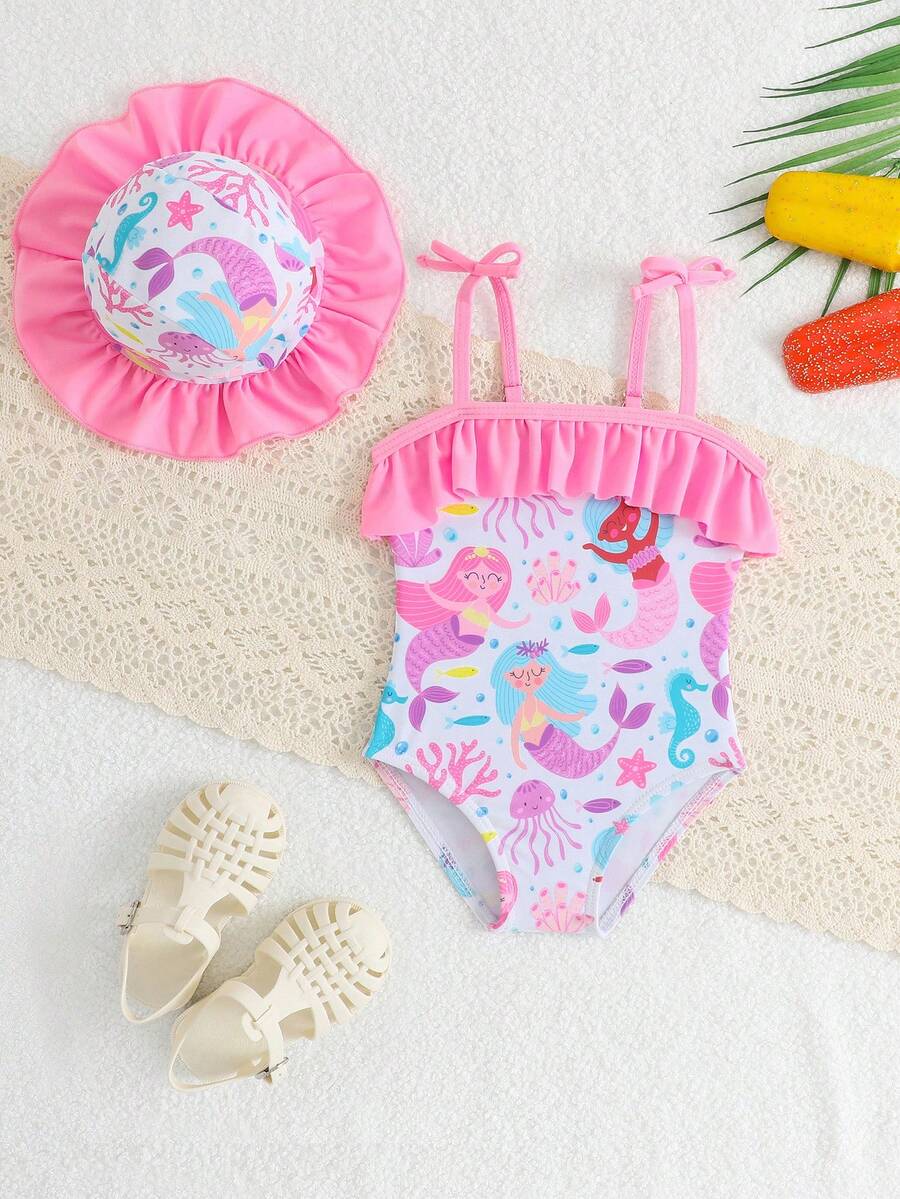 Baby Bow Print Two-Piece Swimsuit Set with Adjustable Straps and Matching Hat